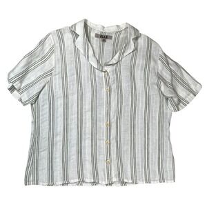 Flax Linen Shirt Womens Sz M White Green Striped Button Up Lagenlook Relaxed